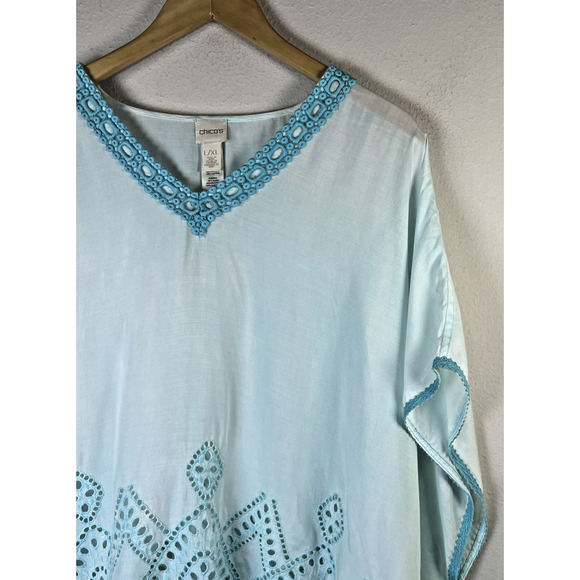 Chico's chicos kaftan top size L XL eyelet embroidered poncho blue ombre boho - Picture 4 of 12